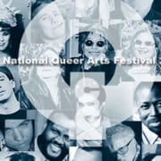 Grid of LGBTQ artist portraits in black and white text says National Queer Arts Festival