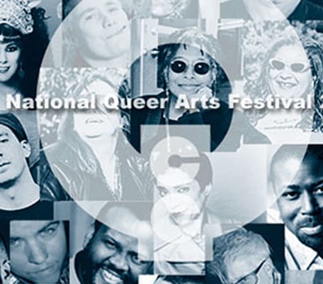 Grid of LGBTQ artist portraits in black and white text says National Queer Arts Festival