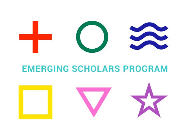 Graphic red plus sign, green zero, blue waves, yellow square, pink triangle, purple star. Text says Emerging Scholars Program