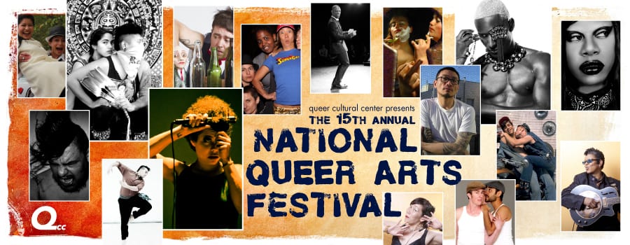 Orange gradient with square portraits of LGBTQ artists text says Queer Cultural Center presents 15th annual national queer arts festival 