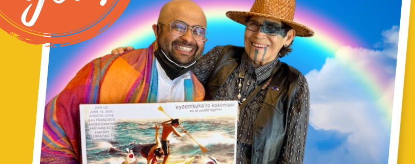 QCC’s executive director, Anand Kalra, pictured in February 2024 with NQAF 2024 anchor artist L. Frank Manriquez. Photo by Rachel Lozada.